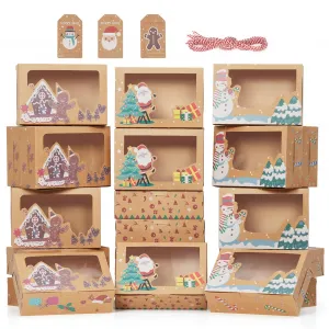24 Pack Christmas Cookie Boxes, Foldable Treat Box with Window, for Pastries, Cupcakes, Candy and Gift Giving, Food Grade Kraft Bakery Boxes, Reindeer Santa Cookie Boxes, Style B