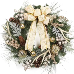 24" Christmas Wreath, Outdoor Christmas Wreath for Front Door, Battery Operated Xmas Wreath with Gold Ball Ornaments Pine Cones Antlers 20 LED Lights for Home Holiday Decor