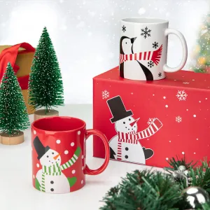 2 Pcs Ceramic Christmas Mugs, Premium Merry Christmas Gifts, 12 oz Red and White Mugs with Handle, Microwave Safe for Coffee Tea Cocoa Milk Cereal, Penguin and Snowman