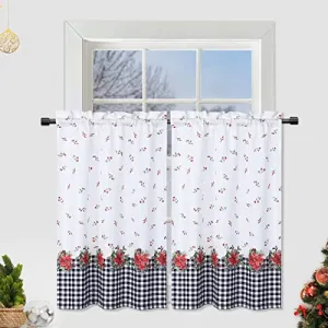 Christmas Kitchen Tiers, 2 Panels Canvas Christmas Flower Pattern Cafe Curtains Rod Pocket Short Curtains Xmas Decorative Half Window Curtains for Bedroom Bathroom, 27 x 36 inches, White