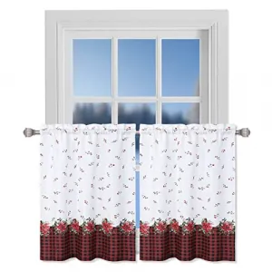 Curtains, Xmas Floral Cafe Curtains, 2 Panels Canvas Short Curtains Buffalo Plaid Christmas Kitchen Curtains Tier Half Door Window Drapes Rod Pocket Living Room Bathroom, Red, 27 x 24 Inch