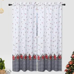 Christmas Kitchen Tiers, 2 Panels Canvas Christmas Flower Pattern Cafe Curtains Rod Pocket Short Curtains Xmas Decorative Half Window Curtains for Bedroom Bathroom, 27 x 45 inches, White