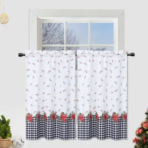 Curtains, Xmas Floral Cafe Curtains, 2 Panels Canvas Short Curtains Buffalo Plaid Christmas Kitchen Curtains Tier Half Door Window Drapes Rod Pocket Living Room Bathroom, White, 27 x 24 Inch