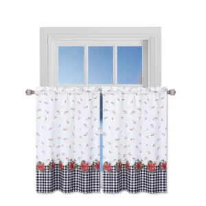 Set of 2 Xmas Curtains for Kitchen Black and White Plaid with Flower Printed Decorations Kitchen/Cafe and Bath Tiers Washable Set of 2 Small Curtains, 27 x 30 inch, White and Black