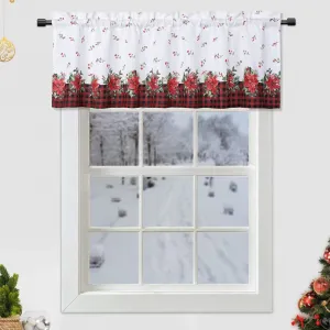 Christmas Valance for Windows, Red Canvas Short Curtains for Windows, Floral Decorative Cafe Curtains, Thermal Insulated Room Darkening Half Window Curtains 54" W x 15" L, Red