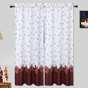 Curtains, Xmas Floral Cafe Curtains, 2 Panels Canvas Short Curtains Buffalo Plaid Christmas Kitchen Curtains Tier Half Door Window Drapes Rod Pocket Living Room Bathroom, Red, 27 x 45 Inch