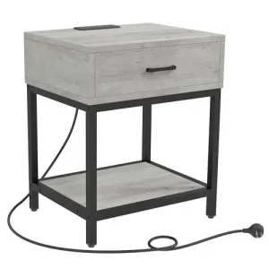 Nightstand with Charging Station, Modern End Table with Drawer, Bedside Table for Bedroom Living Room (Grey)