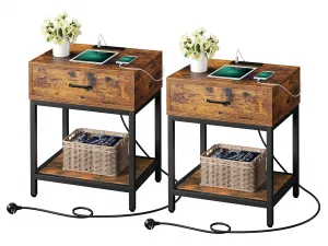 Modern Nightstand with Charging Ports, Type-C & USB, Storage Shelf, MDF Material, for Bedroom & Living Room (2pcs-Brown)