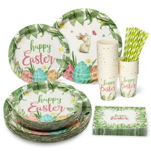 140 PCS Easter Place Setting, Premium Paper Plates, Napkins, Cups & Straws, Disposable Tableware for 25 Guests, Green, Party Supplies