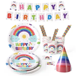 151Pcs Birthday Disposable Dinnerware Set, Rainbow Decorations Paper Plates, Birthday Party Supplies Includes Plates, Cups, Napkins, Halloween Tableware, Serve 25