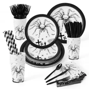 215 Pcs Halloween Plates and Napkins Set Serve 25, Halloween Spider Skeleton Disposable Tableware Set, Halloween Decorations Includes Plates, Cups, Napkins, Halloween Tableware