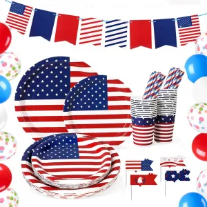 4th of July Patriotic Party Supplies, American Flag Paper Plates, Napkins, Cups, Banner, Veterans Day Memorial Day Independence Day Decorations, Serve 25