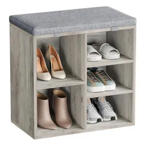 Grey Shoe Bench + Storage + 3-Tier Adjustable Shelf + Particleboard + Cushioned Top + Entryway, Hallway, Living Room