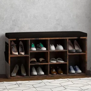 Shoe Bench Entryway Storage Rack with Cushion, 3-Tier Adjustable Shelf, Particleboard, Rustic Brown, 41 inch, Living Room, Bedroom