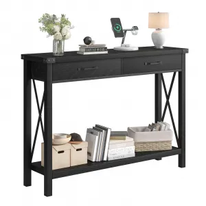 Console Table with 2 Drawers, Farmhouse Sofa Table with Storage Shelf, Accent Wood Entryway Table for Entryway, Black