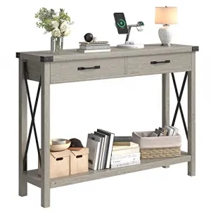 Console Table with 2 Drawers, Farmhouse Sofa Table with Storage Shelf, Accent Wood Entryway Table for Entryway, Grey