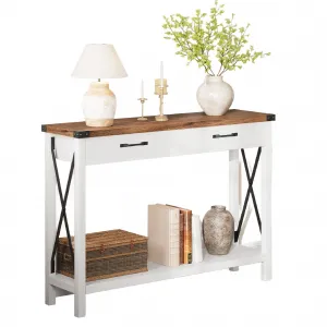 Console Table with 2 Drawers, Farmhouse Sofa Table with Storage Shelf, Accent Wood Entryway Table for Entryway, Brown & White
