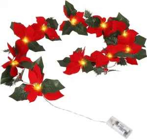 6.5FT Poinsettia Christmas Garland with 10 Pre-Lit Lights, Battery Operated Lighted Velvet Artificial Poinsettia Garland for Christmas Indoor Outdoor Decoration