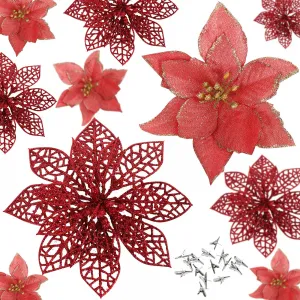 24 Pieces Christmas Glitter Poinsettia with Clips Christmas Poinsettia Decorations Artificial Poinsettia Flowers Ornament Christmas Flowers for New Year Wedding Home Decoration 5.9inch/15cm Red