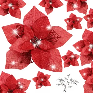 15 Pieces Christmas Glitter Poinsettia with Clips Christmas Poinsettia Decorations Artificial Poinsettia Flowers Ornament Christmas Flowers for New Year Wedding Home Decoration 8.7inch/22cm Red