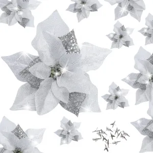15 Pieces Christmas Glitter Poinsettia with Clips Christmas Poinsettia Decorations Artificial Poinsettia Flowers Ornament Christmas Flowers for New Year Wedding Home Decoration 8.7inch/22cm Silver