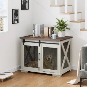 37'' Dog Crate Furniture Side End Table with Flip Top and Movable Divider, Wooden Dog Crate Table Large, Style Dog Kennel Side End Table - White